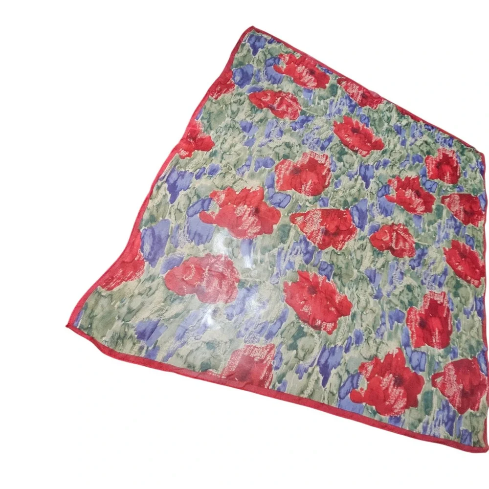 Floral Scarf‎ Womens OS Red Sheer Poppy Print Square Neckerchief Accessory